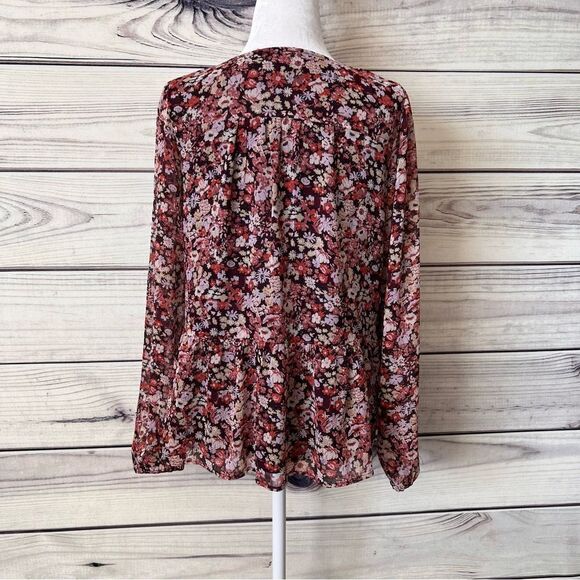 Loft Burgundy Floral V Neck Peplum Blouse - Picture 7 of 10